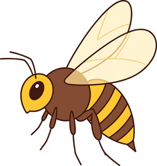 Cartoon honey bee vector illustration with yellow brown stripes, wings, antennae, legs, and large eye, isolated on white background