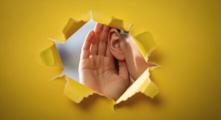 Listen Up Hand cupping ear through a torn yellow paper with secrets revealed.