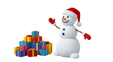 Smiling snowman with gift boxes isolated on transparent background