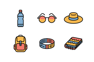 Detailed flat vector icons for trip, showing hat, sunglasses, backpack, representing adventure, holiday, and outdoor gear,