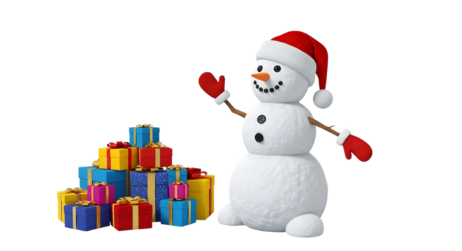 Smiling snowman with gift boxes isolated on transparent background