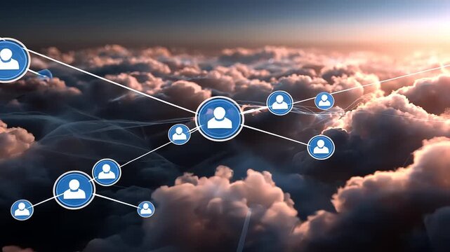 Digital network connections illustrated above clouds, symbolizing communication and technology in the sky - Powered by Adobe