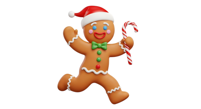 Gingerbread man holding candy cane isolated on transparent background - Powered by Adobe