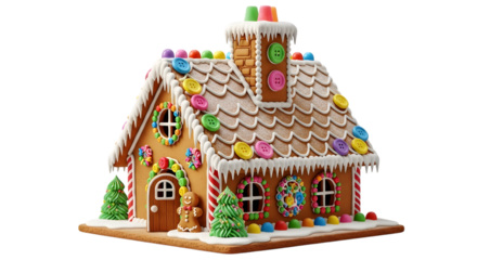 Decorated gingerbread house isolated on transparent background