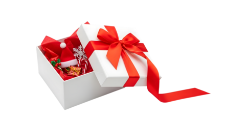 White gift box with red ribbon isolated on transparent background