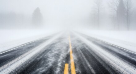 Winters Grip Road Vanishing in Whiteout.