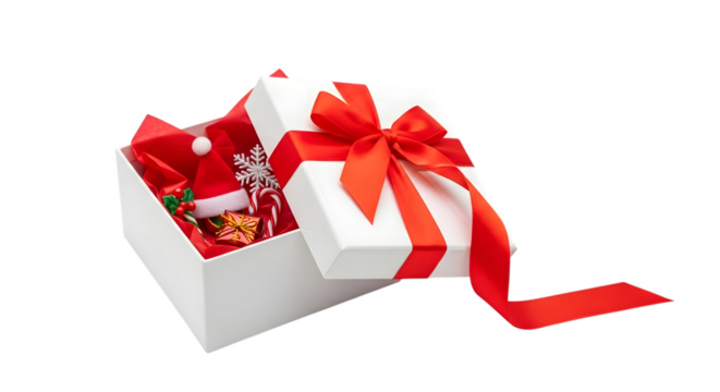 White gift box with red ribbon isolated on transparent background