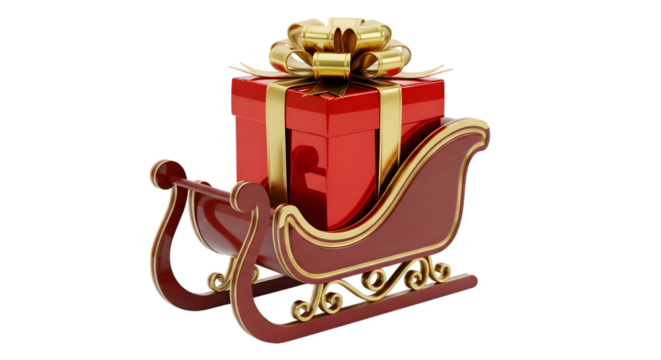 Red christmas gift in sleigh isolated on transparent background