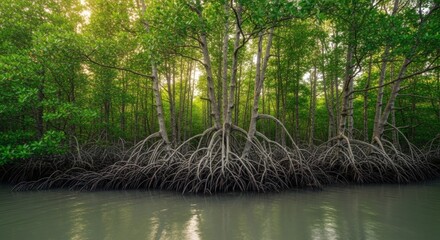 Mangroves Grip Roots reach into the still water of the tropic green forest.