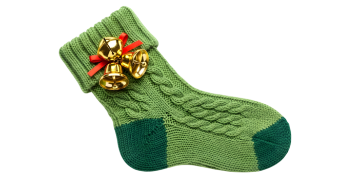Green knitted christmas stocking with festive decoration isolated on transparent background