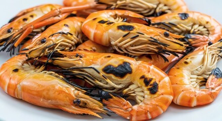 Grilled Shrimp Seafood Feast Delicious BBQ shrimps on white background.