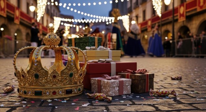 Spanish Cabalgata de Reyes, ornate golden crown and gift boxes on cobblestone floor