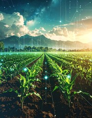 A vibrant field of growing crops stretches toward distant mountains under a cloudy sky. Digital network overlay