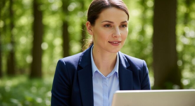 Professional businesswoman working on a laptop outdoors in a green park. Female entrepreneur enjoying a flexible job and remote work in nature - Powered by Adobe