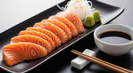 Salmon Sashimi Delight Fresh Slices on Black Plate with Soy and Chopsticks.