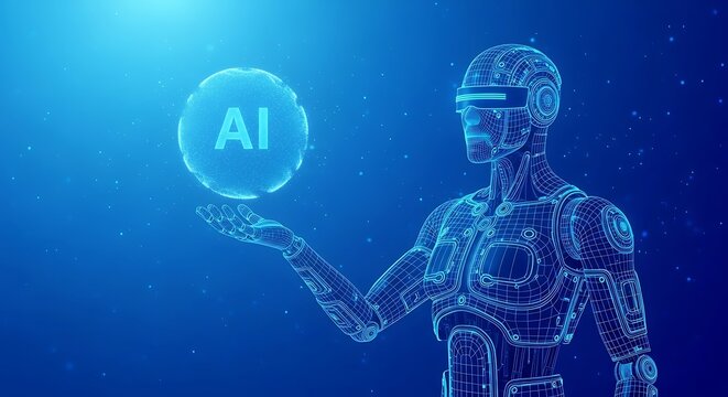 Artificial Intelligence concept wireframe robot holding AI sphere future technology