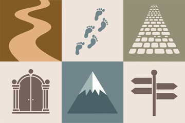 Detailed flat vector icons for road, showing arch, mountain, footprints, representing life path and travel destination,