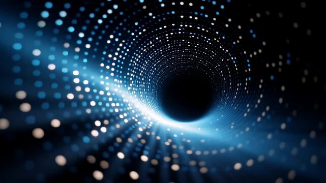 Stunning abstract digital vortex with glowing dots and light rays in deep blue tones