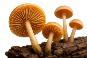 Group of mushrooms growing on a dark piece of wood, showing the caps and gills from a low angle on a transparent background