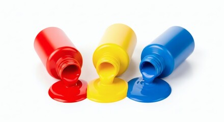 Primary Colors Spill Red with Yellow, and Blue Paints on White Background.