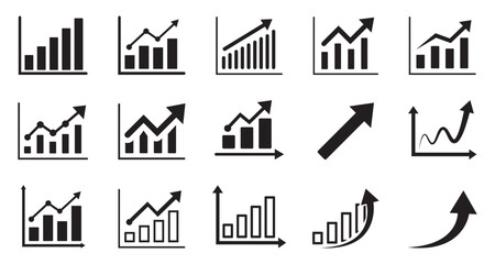 Black Growth Chart and Arrow Icons Set – Business, Finance, Success, Progress Graph Symbols