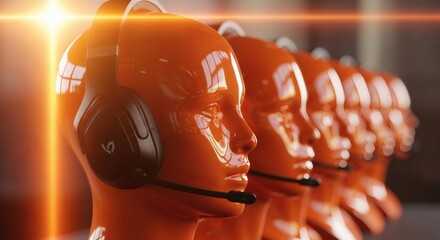 Orange Heads Gaming headset row under bright light with modern tech product.