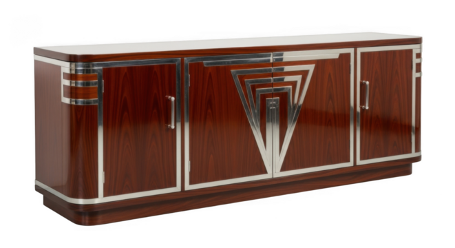 Art Deco sideboard with geometric silver inlay a vintage furniture piece isolated on white background