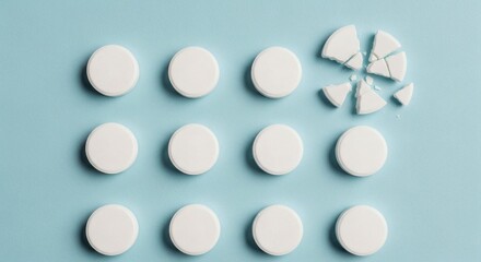 Broken Pill Healthcares imperfection on blue backdrop with flat lay design.