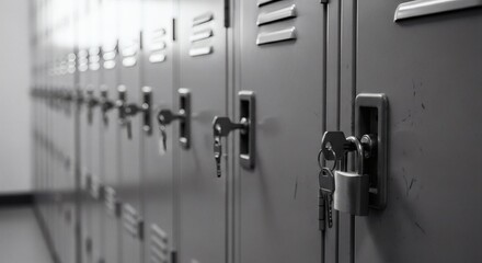 Locked In Row of lockers with key in place, and security in monochrome.