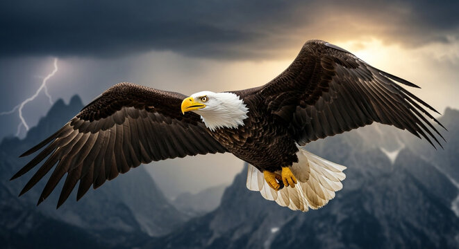 Majestic bald eagle soaring across a dramatic storm sky, a symbol of freedom and power, with mountains and lightning adding to the epic nature scene