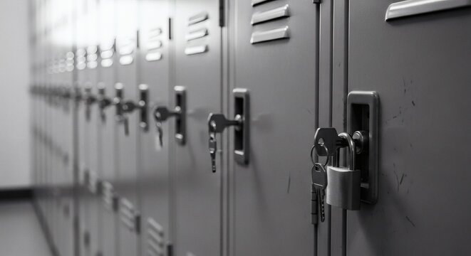 Locked In Row of lockers with key in place, and security in monochrome.