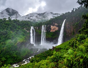 Fototapeta premium Three waterfalls cascade dramatically through lush, green mountains