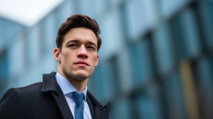 Confident young man in business attire stands outside modern building, embodying professionalism and ambition.