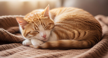 Adorable ginger tabby cat peacefully napping on soft blanket, perfect for heartwarming pet content and cozy lifestyle promotions worldwide now