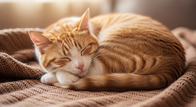 Adorable ginger tabby cat peacefully napping on soft blanket, perfect for heartwarming pet content and cozy lifestyle promotions worldwide now