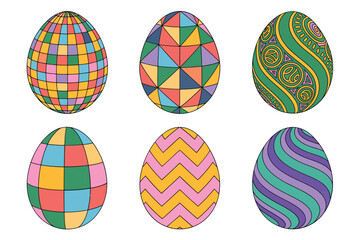 Detailed flat vector icons for spring, showing colorful patterned eggs, representing easter celebration and religious holiday,
