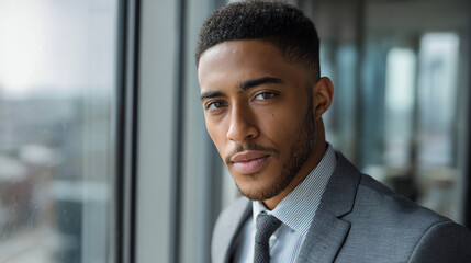 Confident young professional in a suit standing by an office window, looking thoughtfully at the cityscape.
