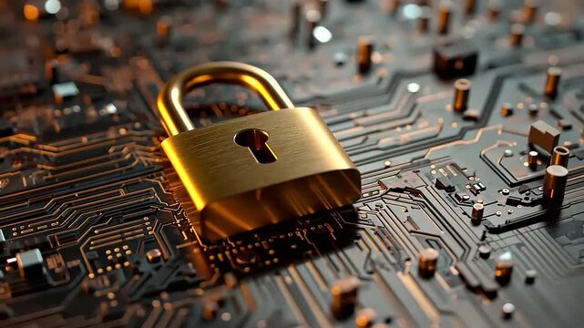 Golden padlock resting on a circuit board, symbolizing digital security in a tech environment