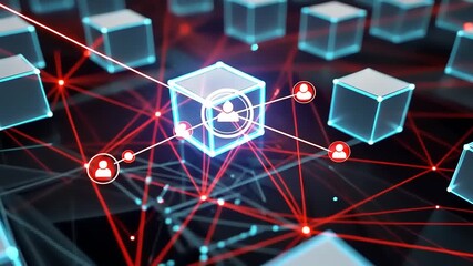 Abstract digital network visualization showcasing interconnected data blocks with user icons and lines - Powered by Adobe