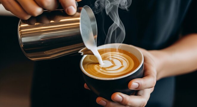 A skilled barista demonstrates precision and artistry by carefully pouring steamed milk to craft intricate latte art into a freshly brewed cup of coffee