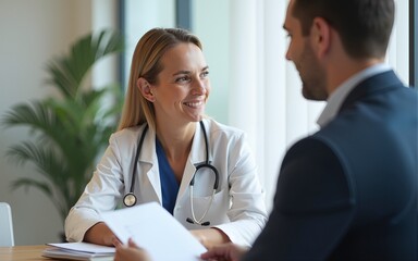 Fototapeta premium Female health insurance broker presenting his insurance benefits to businessman fill out insurance policy. To prevent future incidents. High quality