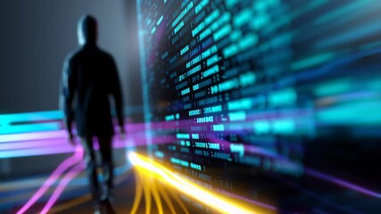 Abstract digital background with colorful light trails and a mysterious silhouette in a tech environment - Powered by Adobe