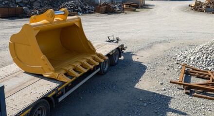 Heavy duty excavator bucket loaded on a transport trailer. New construction equipment at an industrial yard on a sunny day.