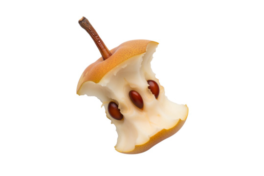 Eaten pear core with visible seeds, captured in mid-air isolated on transparent background, png