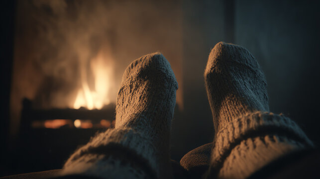 Cozy feet in warm socks by the fireplace, embodying relaxation and comfort during winter evenings.