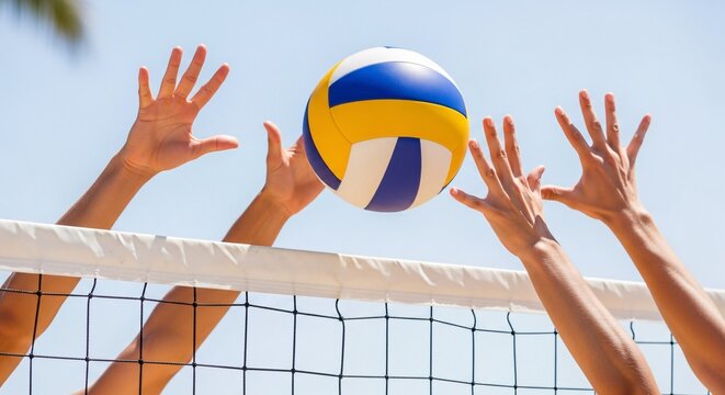 Dynamic moment in a competitive outdoor volleyball game with hands reaching over the net to hit the ball, under a bright summer sky, highlighting athletic prowess and teamwork