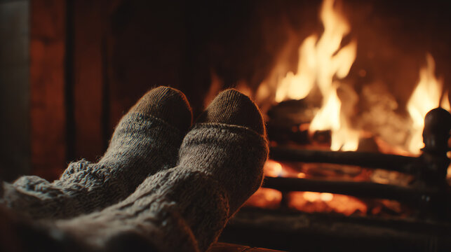 Cozy moment by the fireplace with warm socks, creating a perfect atmosphere for relaxation and comfort.