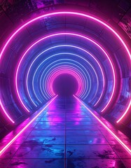 A vibrant futuristic tunnel with concentric neon light rings of pink and blue, reflecting off the shiny floor