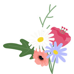 Corner Floral Arrangement With Pink Red White Flowers Green Leaves And Stems Isolated On White Background