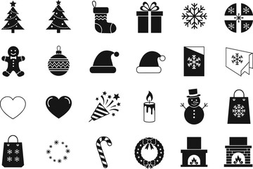 Christmas holiday icon collection with trees, stockings, gifts, snowflakes, Santa hats, ornaments, candy canes, wreaths, snowmen, festive celebration symbols